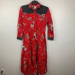 Vintage Circle T Western Motif Midi Dress Size 15/16 Red Black Rodeo Bronc Ride